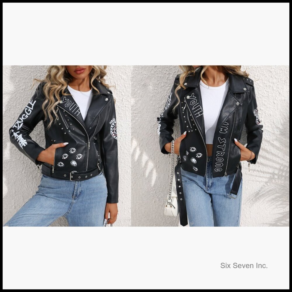 Faux Leather Punk Biker Jacket with Belt and Rivet Decoration - Picture 6 of 7